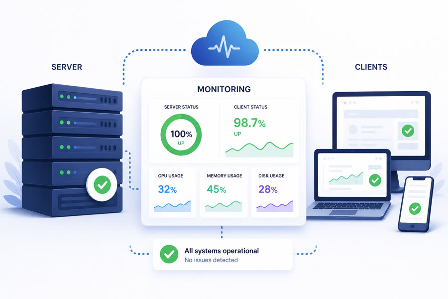 Server-Monitoring-Dashboard mit Status, CPU, Memory und Disk-Metriken über Server, Clients und Cloud