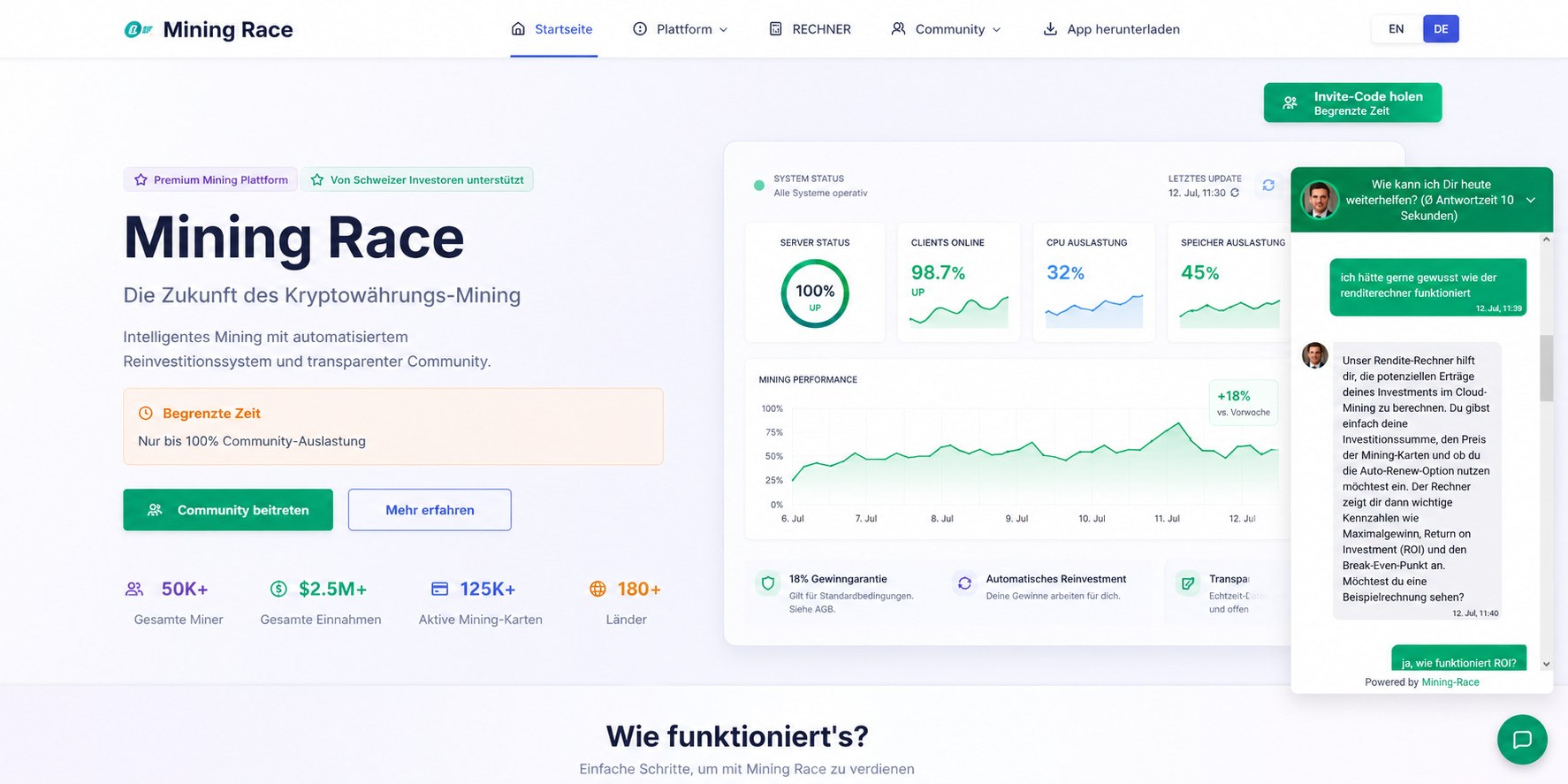 mining-race.ch, moderne Webseite mit eigener UI