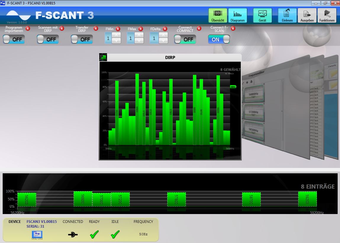 F-SCANT 3 Terminal-Software UI mit DIRP-Diagramm und Frequenz-Editor