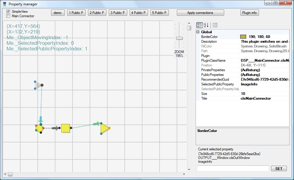 TB-PluginManager UI 2013: visueller Node-Editor mit Bausteinen, Verbindungslinien im Raster und Property-Grid rechts