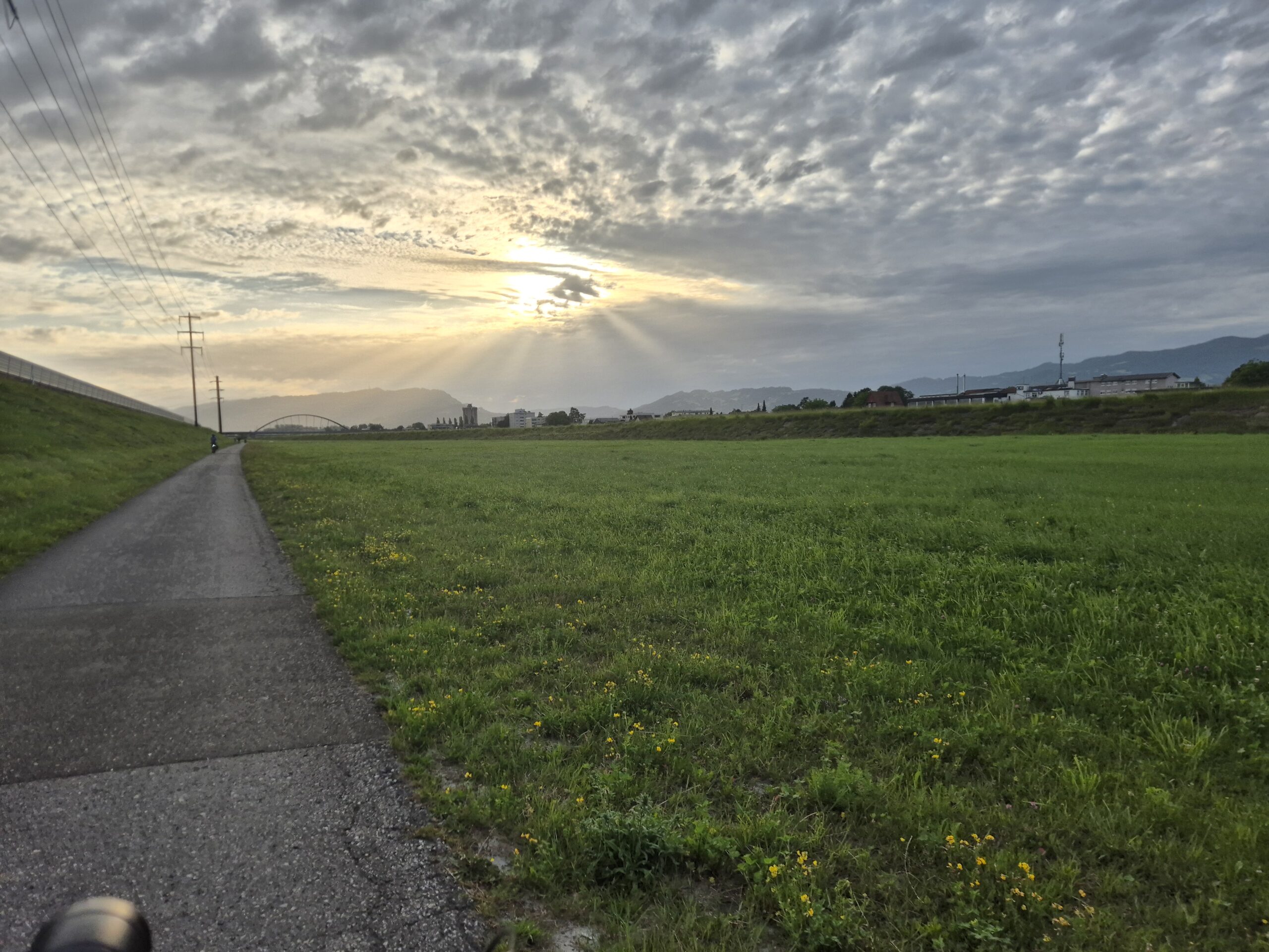 Feldweg auf dem Rheindamm bei Sonnenaufgang mit Wolkendecke