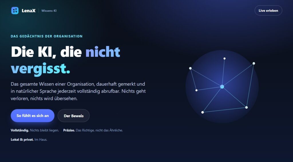LenaX Startseite: Die KI, die nicht vergisst, mit vernetztem Wissens-Graph