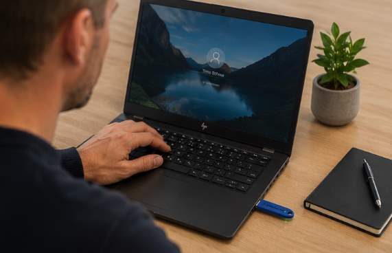 Arbeitsplatz mit Laptop, SystemLocker-Dongle steckt im USB-Port