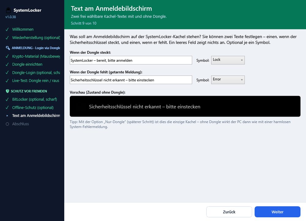 Anmeldebildschirm mit Dongle